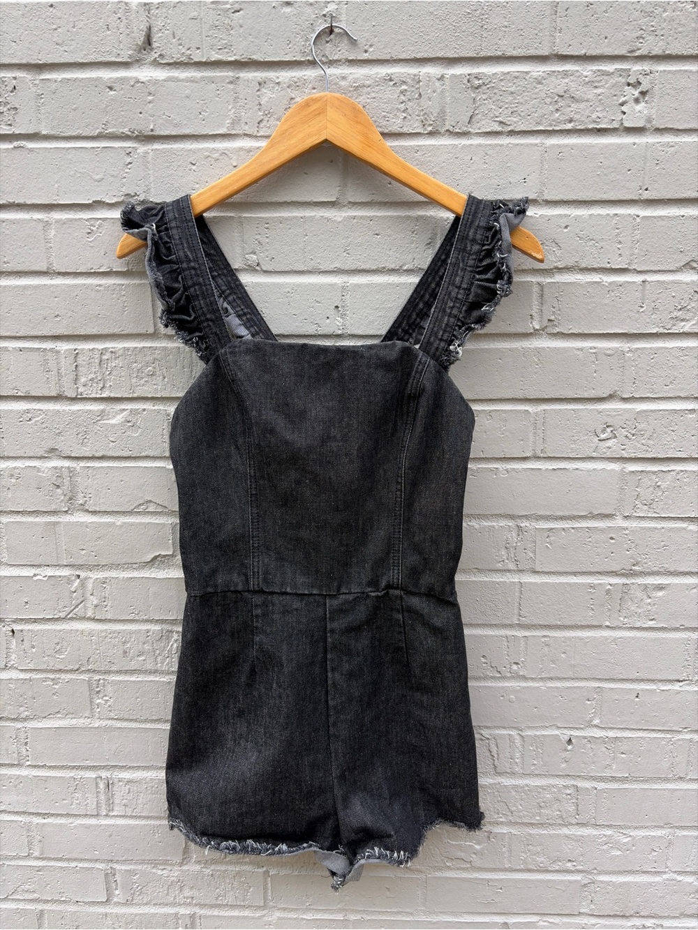 Honey Punch Black Denim Ruffle Strap Romper